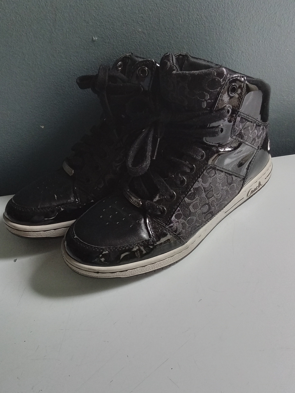 Coach Black Patent Leather Signature Monogram High Top Sneakers Mens Shoes